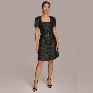 Donna Karan Black Sequin Belted Dress 6 8 10 NWT